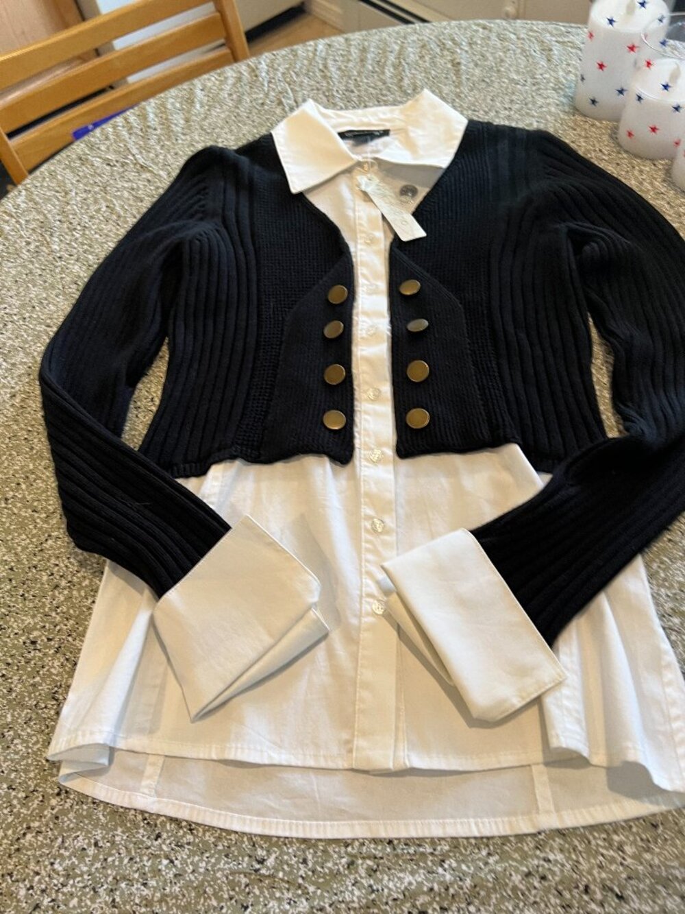 August Silk Black Ribbed Sweater Layered Over White Shirt – NWT (Size S)